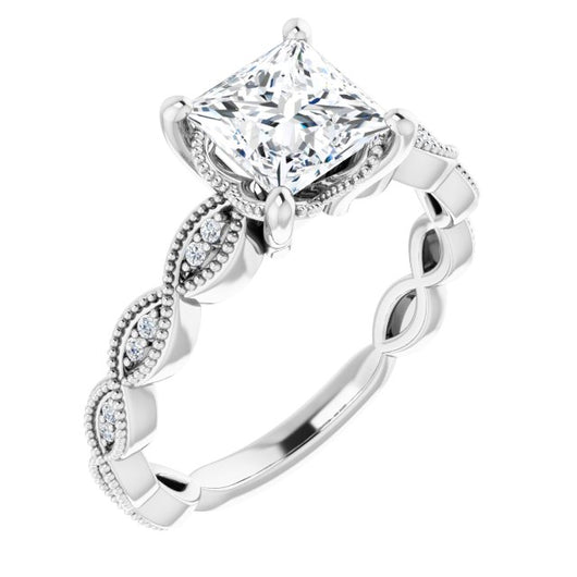 10K White Gold Customizable Princess/Square Cut Artisan Design with Scalloped, Round-Accented Band and Milgrain Detail