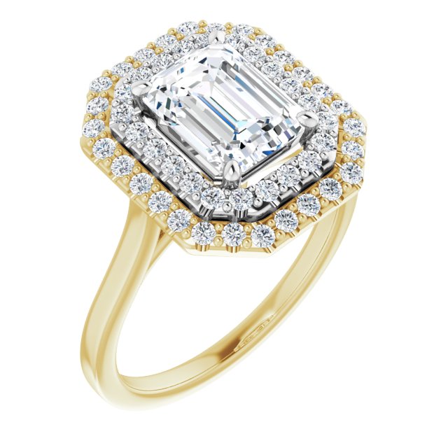 14K Yellow & White Gold Customizable Cathedral-set Emerald/Radiant Cut Design with Double Halo