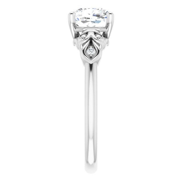 Cubic Zirconia Engagement Ring- The Natsumi (Customizable 3-stone Cushion Cut Design with Small Round Accents and Filigree)