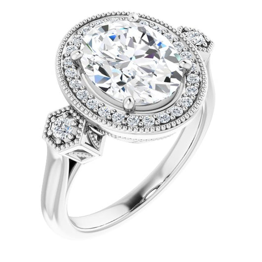 10K White Gold Customizable Cathedral Oval Cut Design with Halo and Delicate Milgrain