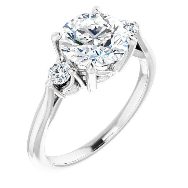 14K White Gold Customizable Three-stone Round Cut Design with Small Round Accents and Vintage Trellis/Basket