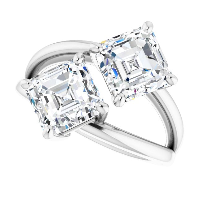 Cubic Zirconia Engagement Ring- The Melaine (Customizable Two Stone Double Asscher Cut Design with Split Bypass Band)