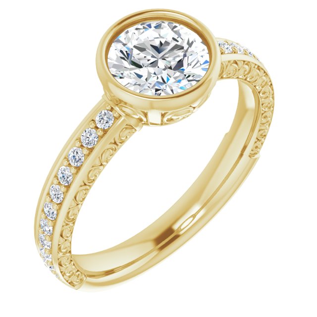 10K Yellow Gold Customizable Bezel-set Round Cut Design with Cloud-pattern Band & Semi-Eternity Accents