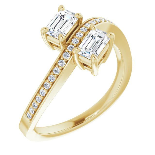 10K Yellow Gold Customizable 2-stone Emerald/Radiant Cut Bypass Design with Thin Twisting Shared Prong Band