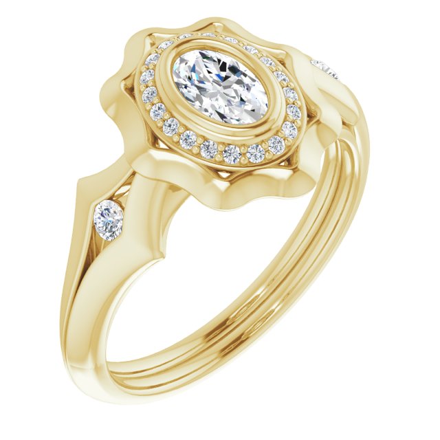 10K Yellow Gold Customizable Bezel-set Oval Cut with Halo & Oversized Floral Design