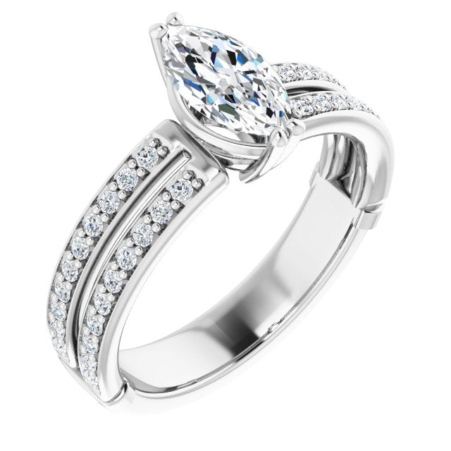 10K White Gold Customizable Marquise Cut Design featuring Split Band with Accents