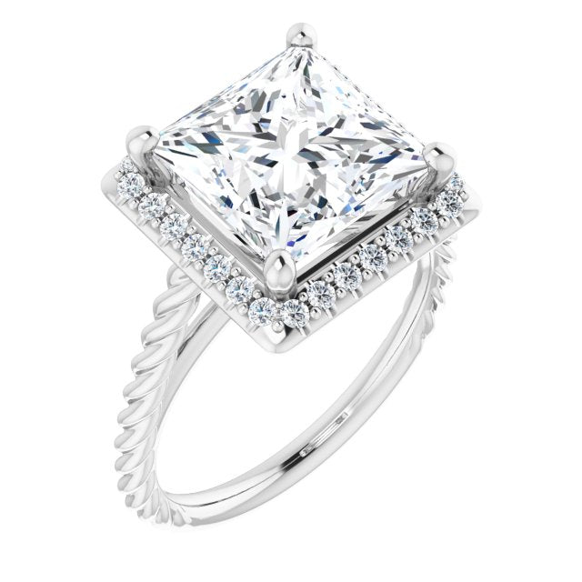 10K White Gold Customizable Cathedral-set Princess/Square Cut Design with Halo and Twisty Rope Band