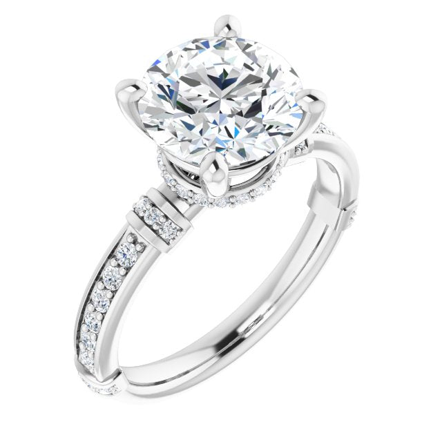 18K White Gold Customizable Round Cut Style featuring Under-Halo, Shared Prong and Quad Horizontal Band Accents