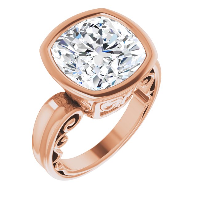 10K Rose Gold Customizable Bezel-set Cushion Cut Solitaire with Wide 3-sided Band
