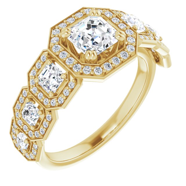 10K Yellow Gold Customizable Cathedral-Halo Asscher Cut Design with Six Halo-surrounded Asscher Cut Accents and Ultra-wide Band
