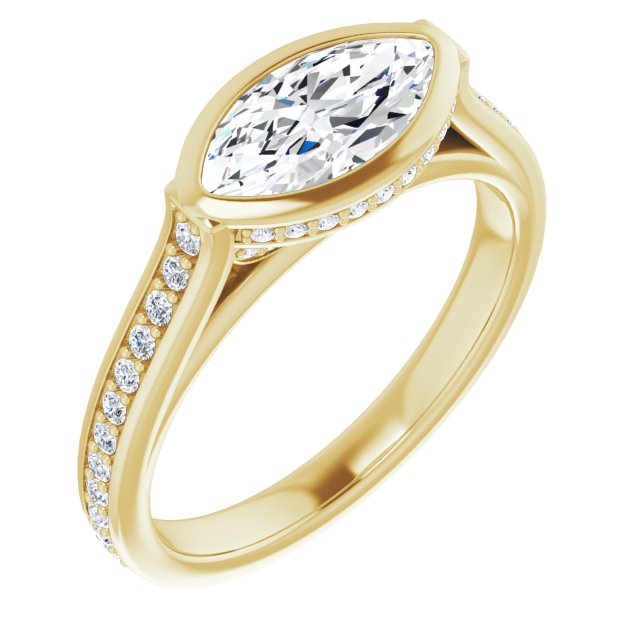 10K Yellow Gold Customizable Cathedral-Bezel Marquise Cut Design with Under Halo and Shared Prong Band