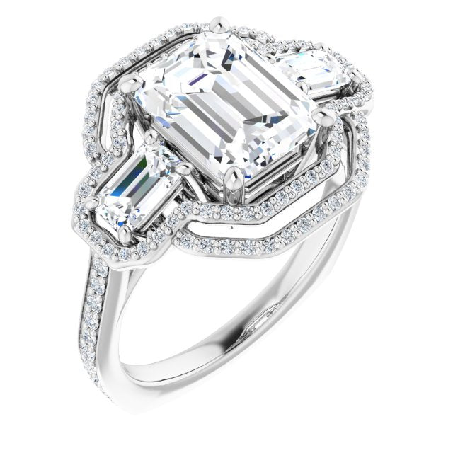 10K White Gold Customizable Enhanced 3-stone Style with Emerald/Radiant Cut Center, Emerald Cut Accents, Double Halo and Thin Shared Prong Band