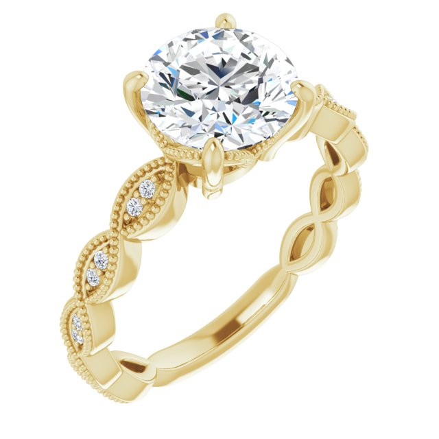 18K Yellow Gold Customizable Round Cut Artisan Design with Scalloped, Round-Accented Band and Milgrain Detail