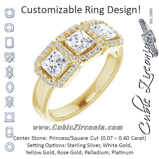 Cubic Zirconia Engagement Ring- The Delores (Customizable Princess/Square Cut Triple Halo 3-stone Design)