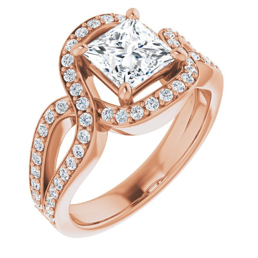 10K Rose Gold Customizable Princess/Square Cut Center with Infinity-inspired Split Shared Prong Band and Bypass Halo