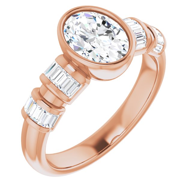 Cubic Zirconia Engagement Ring- The Astrid (Customizable Bezel-set Oval Cut Design with Quad Horizontal Band Sleeves of Baguette Accents)