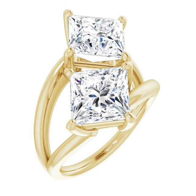 10K Yellow Gold Customizable Two Stone Double Princess/Square Cut Design with Split Bypass Band
