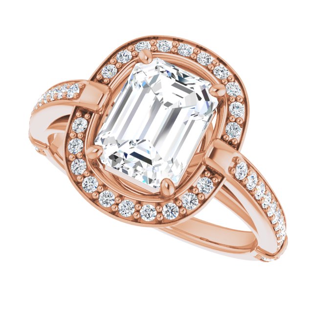 Cubic Zirconia Engagement Ring- The Ebba (Customizable High-Cathedral Emerald Cut Design with Halo and Shared Prong Band)