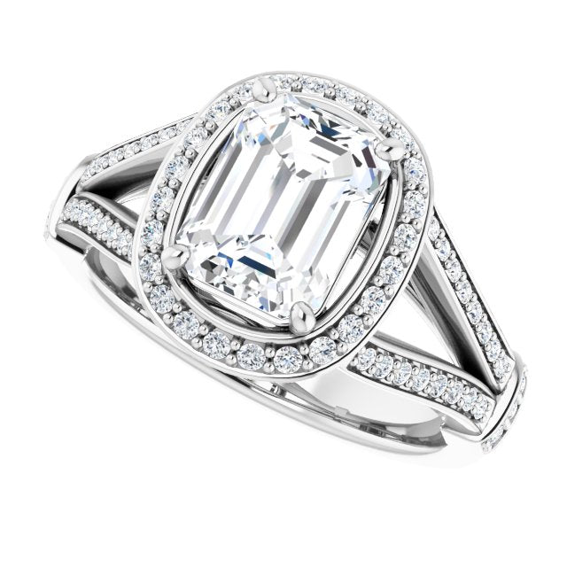 Cubic Zirconia Engagement Ring- The Cecelia  (Customizable Emerald Cut Setting with Halo, Under-Halo Trellis Accents and Accented Split Band)