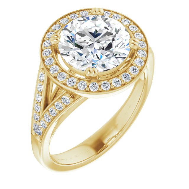 10K Yellow Gold Customizable Cathedral-set Round Cut Style with Accented Split Band and Halo