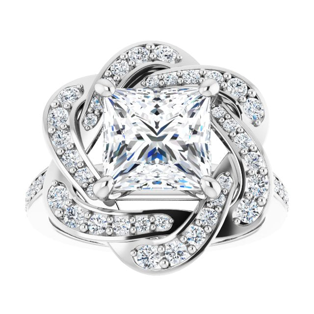 Cubic Zirconia Engagement Ring- The Lana (Customizable Cathedral-raised Princess/Square Cut Design with Floral/Knot Halo and Thin Accented Band)