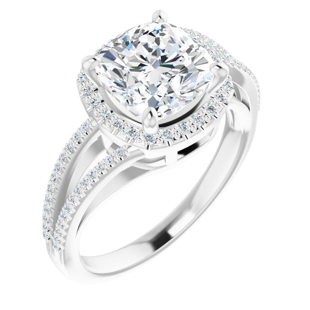10K White Gold Customizable Cushion Cut Vintage Design with Halo Style and Asymmetrical Split-Pavé Band