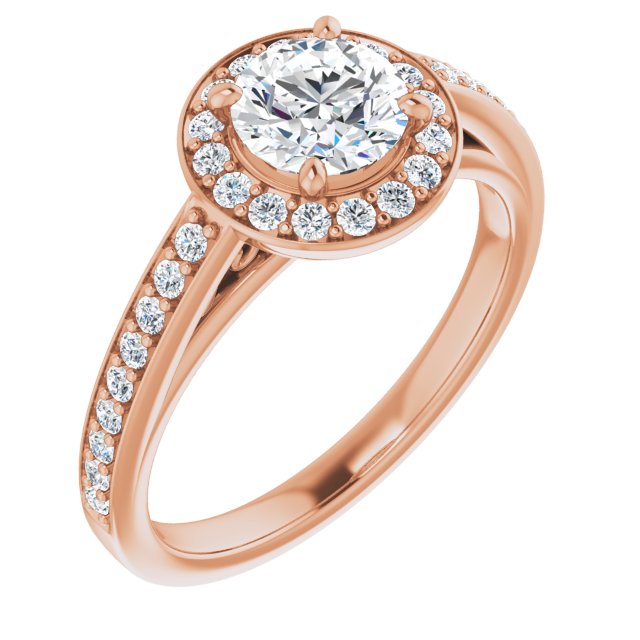 10K Rose Gold Customizable Round Cut Style with Halo and Sculptural Trellis