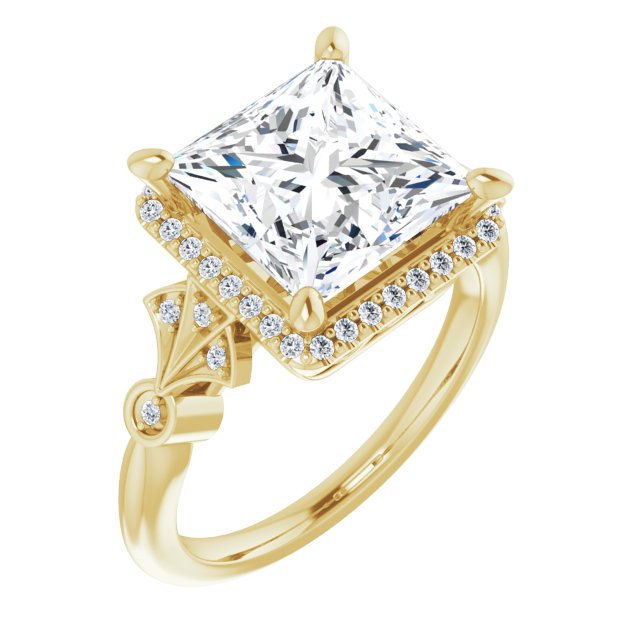 10K Yellow Gold Customizable Cathedral-Crown Princess/Square Cut Design with Halo and Scalloped Side Stones