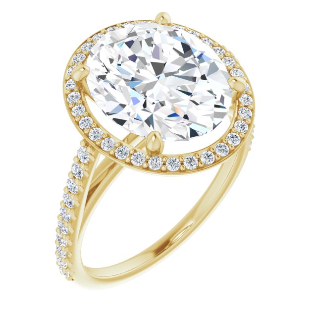 10K Yellow Gold Customizable Oval Cut Design with Halo and Thin Pavé Band