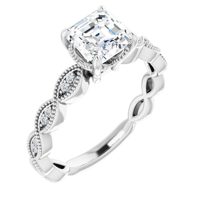 10K White Gold Customizable Asscher Cut Artisan Design with Scalloped, Round-Accented Band and Milgrain Detail
