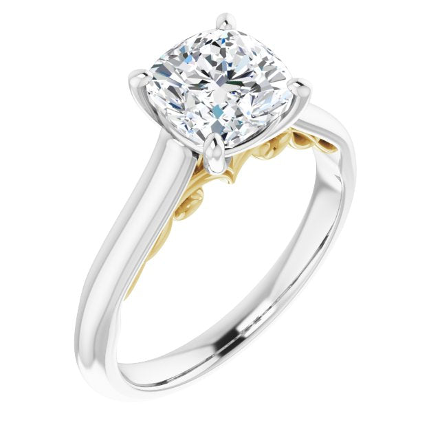 14K White & Yellow Gold Customizable Cushion Cut Cathedral Solitaire with Two-Tone Option Decorative Trellis 'Down Under'