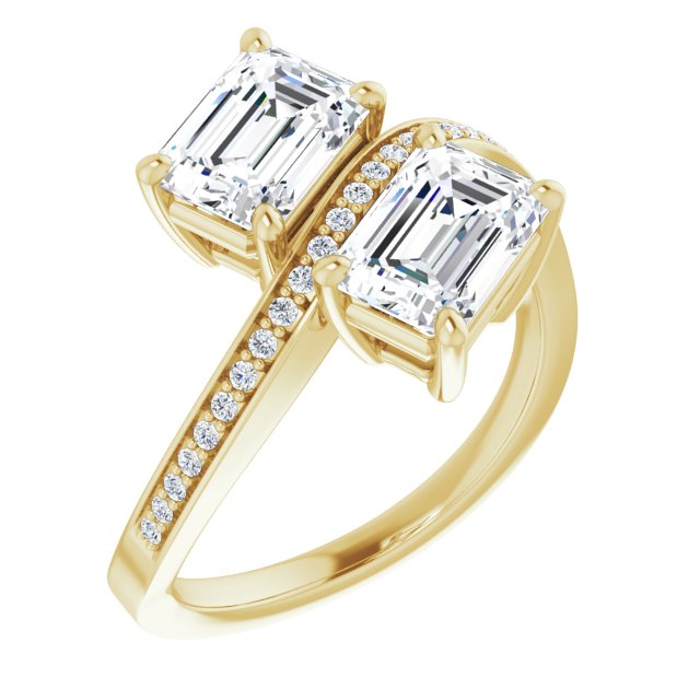 10K Yellow Gold Customizable 2-stone Emerald/Radiant Cut Bypass Design with Thin Twisting Shared Prong Band