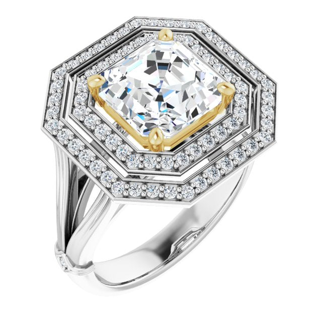 14K White & Yellow Gold Customizable Cathedral-set Asscher Cut Design with Double Halo, Wide Split Band and Side Knuckle Accents