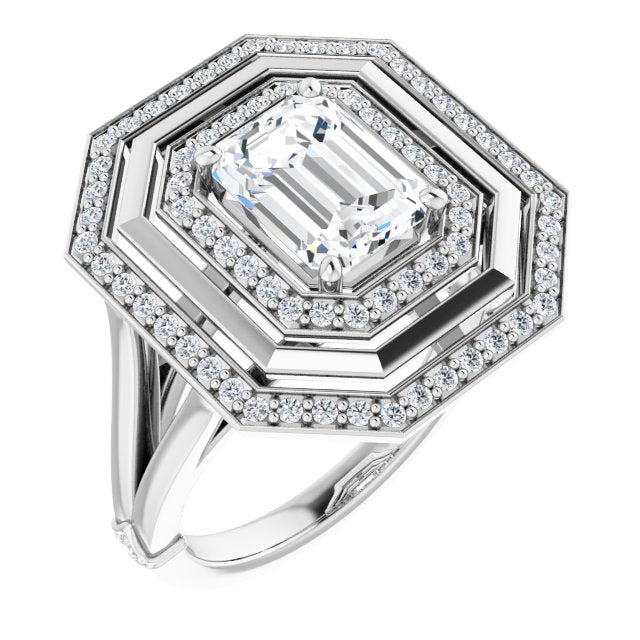 Cubic Zirconia Engagement Ring- The Allie (Customizable Radiant Cut Oversized 2x Halo Style with Knuckle Accented Split Band)