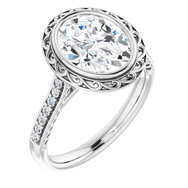 10K White Gold Customizable Cathedral-Bezel Oval Cut Design featuring Accented Band with Filigree Inlay