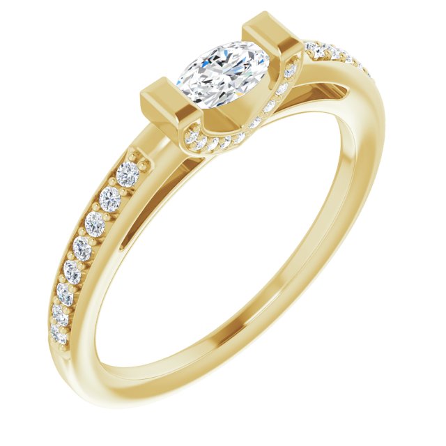 10K Yellow Gold Customizable Cathedral-Bar Oval Cut Design featuring Shared Prong Band and Prong Accents