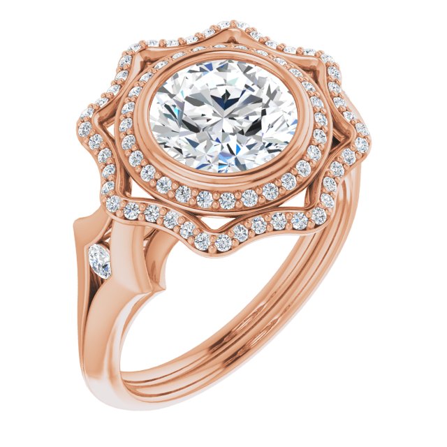 14K Rose Gold Customizable Cathedral-bezel Round Cut Design with Floral Double Halo and Channel-Accented Split Band