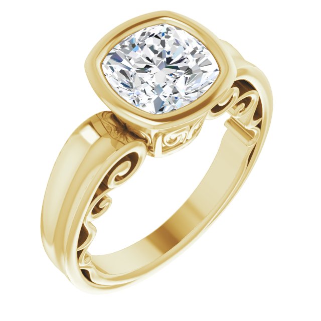 10K Yellow Gold Customizable Bezel-set Cushion Cut Solitaire with Wide 3-sided Band