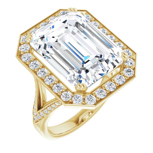 10K Yellow Gold Customizable Emerald/Radiant Cut Center with Large-Accented Halo and Split Shared Prong Band