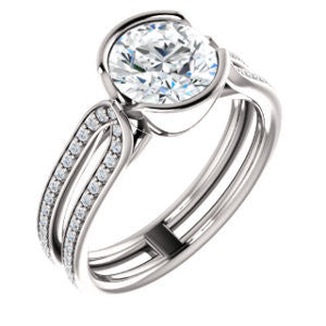 Cubic Zirconia Engagement Ring- The Mariela (Customizable Cathedral-Bezel Round Cut Style with Wide Straight Split-Pavé Band)