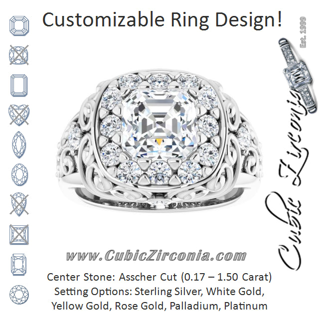 Cubic Zirconia Engagement Ring- The Vanessa (Customizable Asscher Cut Halo Style with Round Prong Side Stones and Intricate Metalwork)