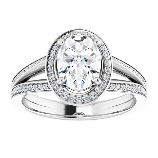 Cubic Zirconia Engagement Ring- The Carrie (Customizable Oval Cut Design with Split-Band Shared Prong & Halo)