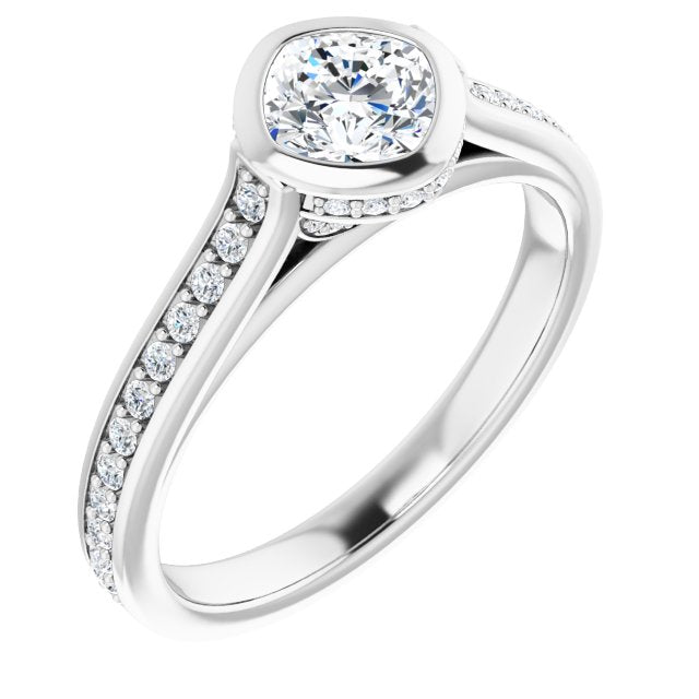 10K White Gold Customizable Cathedral-Bezel Cushion Cut Design with Under Halo and Shared Prong Band