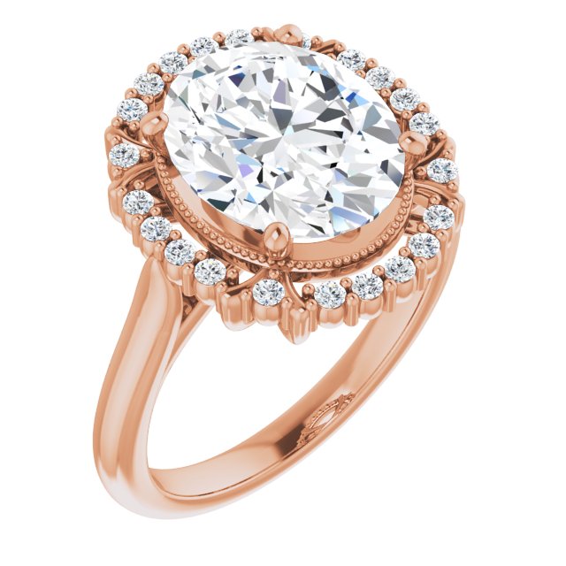 10K Rose Gold Customizable Oval Cut Design with Majestic Crown Halo and Raised Illusion Setting