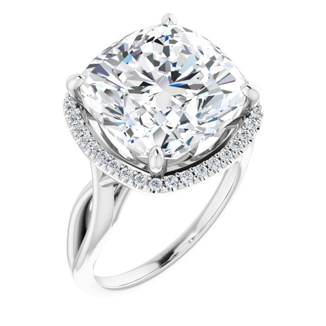 10K White Gold Customizable Cathedral-Halo Cushion Cut Design with Twisting Split Band