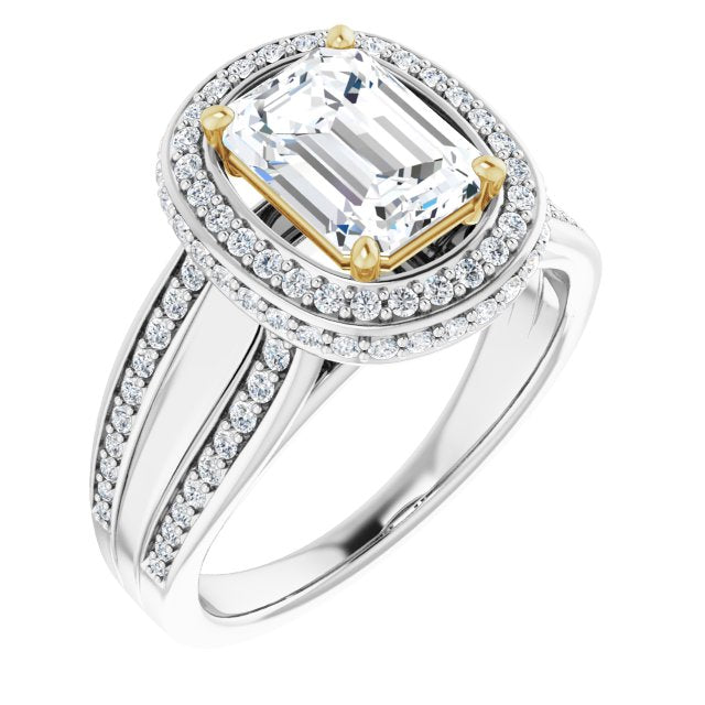 14K White & Yellow Gold Customizable Halo-style Emerald/Radiant Cut with Under-halo & Ultra-wide Band