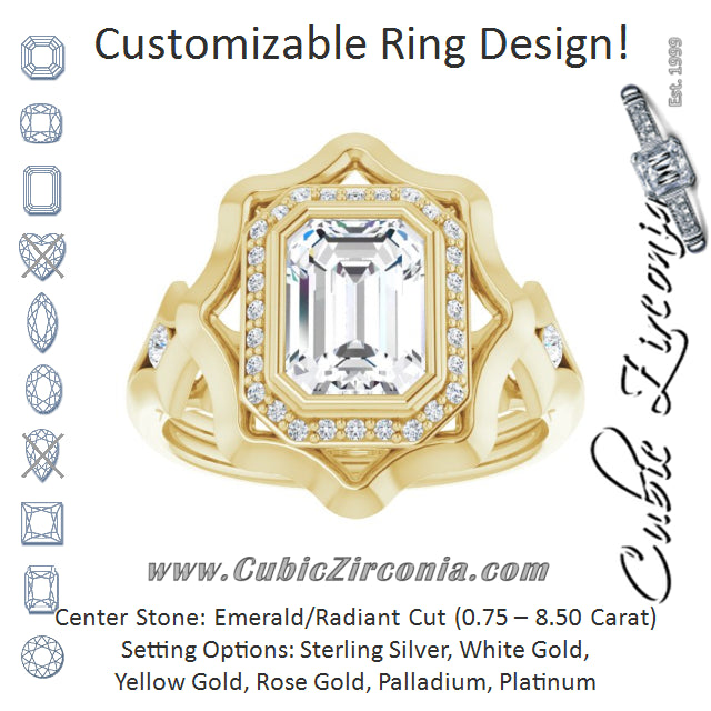 Cubic Zirconia Engagement Ring- The Jeanne (Customizable Bezel-set Emerald Cut with Halo & Oversized Floral Design)