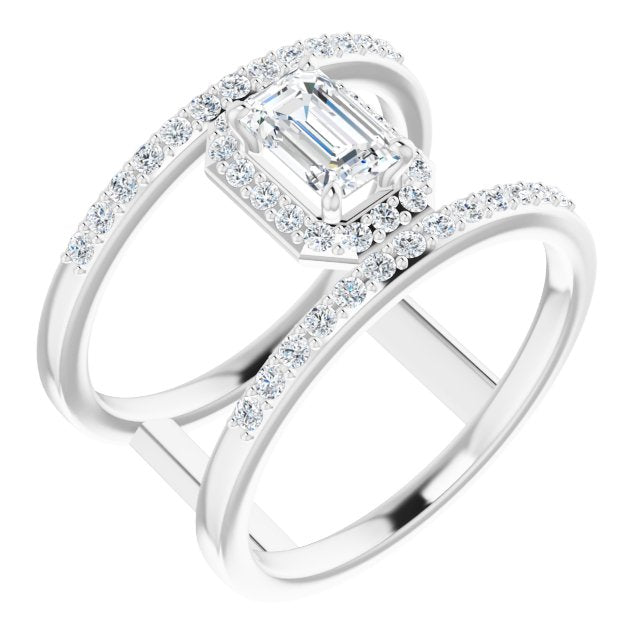 10K White Gold Customizable Emerald/Radiant Cut Halo Design with Open, Ultrawide Harness Double Pavé Band