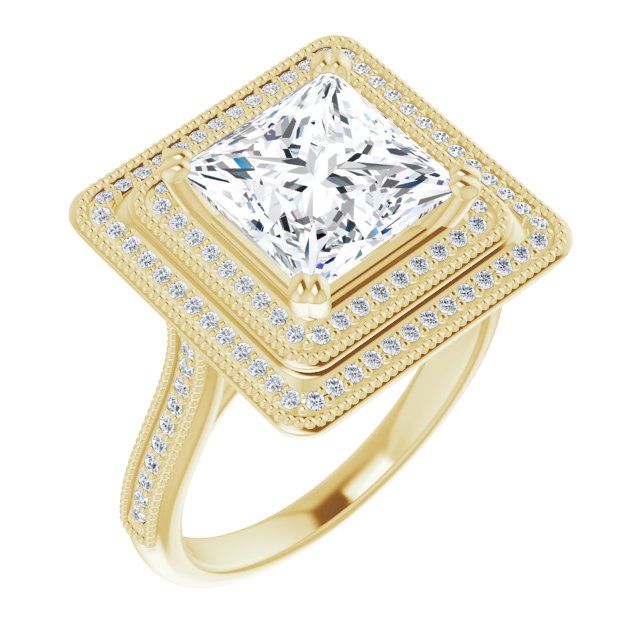 10K Yellow Gold Customizable Princess/Square Cut Design with Elegant Double Halo, Houndstooth Milgrain and Band-Channel Accents