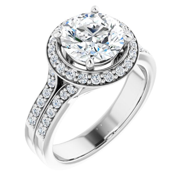 18K White Gold Customizable Round Cut Halo Style with Accented Split-Band